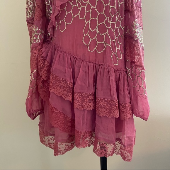 NWT LoveShackFancy Pink and Gold Ruffle Angora Mini Dress - Picture 5 of 10